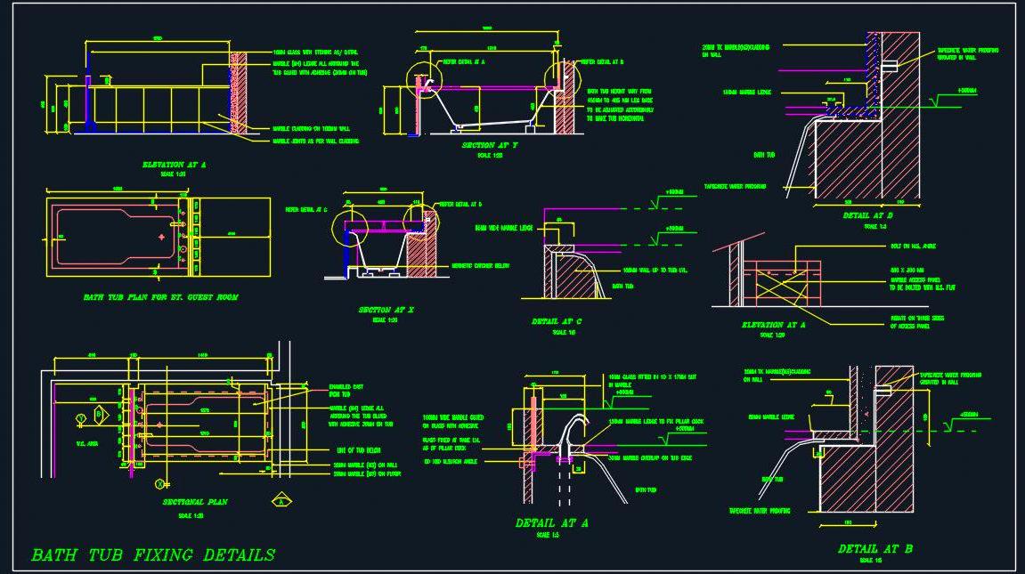 Bathtub Installation CAD Detail- Tap, Slope, and Waterproofing